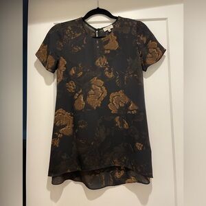 Wilfred 100% Silk Black and Brown Floral Tunic Blouse with Keyhole Detail